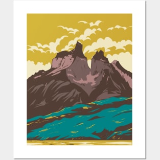 Torres Del Paine National Park from Lake Pehoe in Chile WPA Art Deco Poster Posters and Art